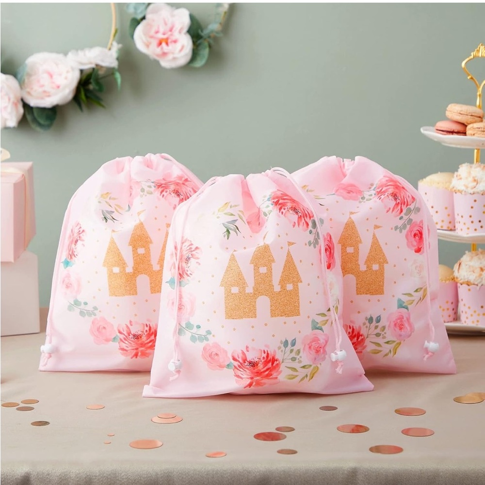 Pink Drawstring Bag with Gold Castle Design (14 Drawstring bags)